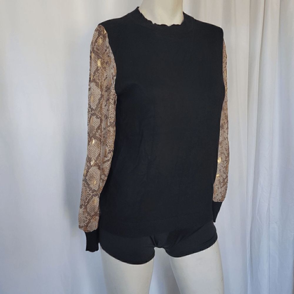 89th Madison black gold brown animal print sleeves blouse womens size S